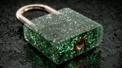 Digital Security Concept represented by a Transparent Padlock with glowing green circuit board