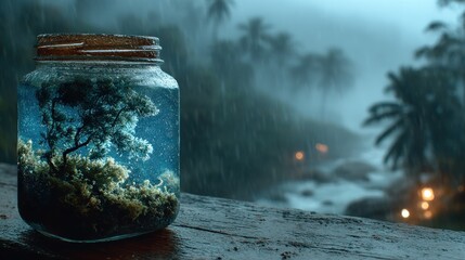 Miniature Ecosystem in a Jar During a Rainy Tropical Night Scene
