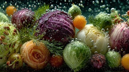 Vibrant Assortment of Fresh Vegetables Submerged in Bubbling Water
