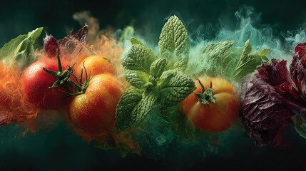Fresh Vegetables and Herbs Exploding with Color and Smoke on a Dark Background