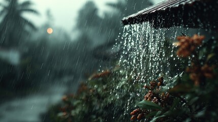 Rain falling from a roof onto plants creating a dramatic and atmospheric natural scene