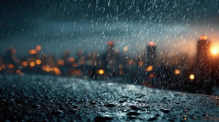 Rainy city skyline with blurred lights and glistening wet surface