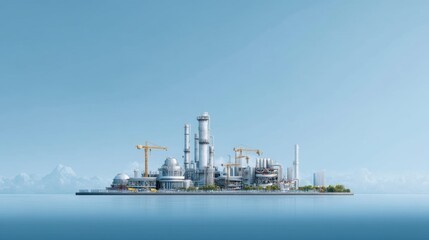 Obraz premium Modern industrial complex with cranes and structures reflected in water under a clear blue sky with distant mountains on the horizon