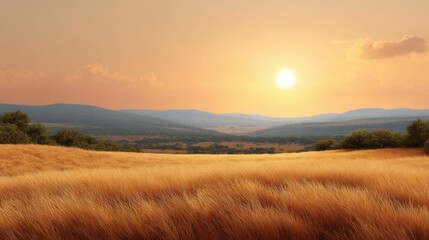 Fototapeta premium Serene Golden Field Under Warm Sunset Sky with Majestic Mountains in Background and Gentle Breeze Sweeping Through Grassy Landscape