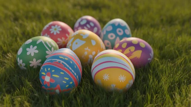 Vibrant collection of intricately decorated Easter eggs nestled in lush green grass, symbolizing spring celebration and joyful renewal