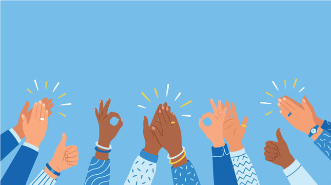 Diverse group of people showing appreciation with thumbs up and applause on Employee Appreciation Day against a blue background with a joyful mood.