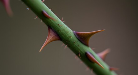 Obraz premium A closeup of a green stem with sharp reddishbrown thorns against a blurred brown background