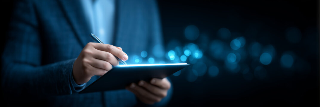 Businessman signing digital document on tablet