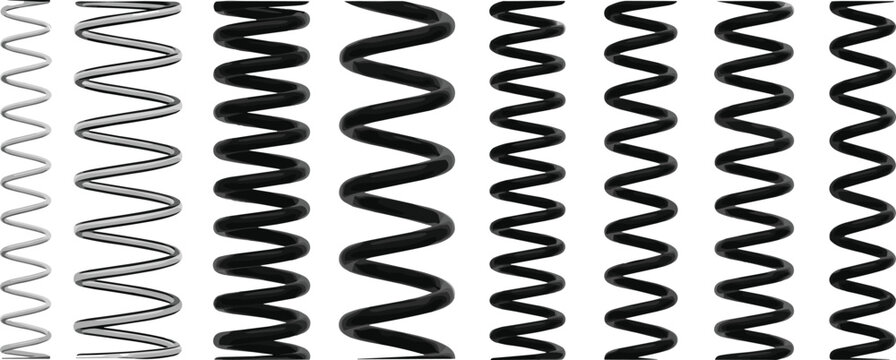 Helical spring illustration set, varying thickness and coil density, metallic to glossy black finish, mechanical design theme - flat vector illustration