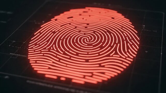 Close-up of a digital fingerprint scanner with glowing red fingerprint pattern on a dark background.