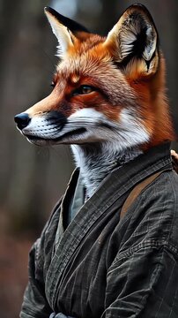 Fox dressed in a gi standing in a forest
