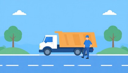 Naklejka premium Illustration of a construction worker near a dump truck on a road with trees and clouds in the background