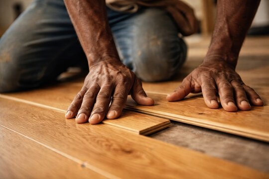 Close up of African American man hands installing wooden laminate flooring during home renovation.