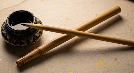 Traditional bamboo reed pens and inkwell on handmade textured paper for calligraphy art.