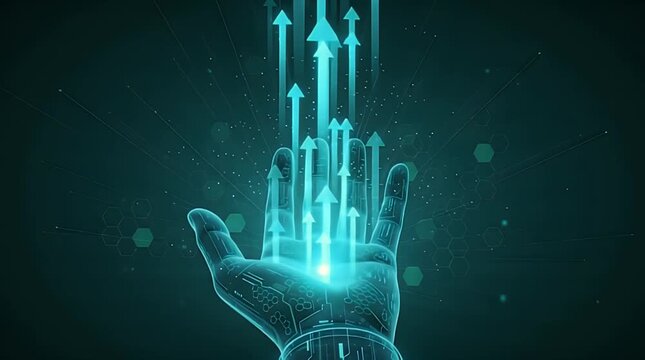 Digital holographic human hand reaching upwards projecting bright glowing blue arrows symbolizing financial growth technological innovation and future success concepts against a dark background