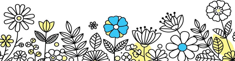 Fototapeta premium A vibrant floral border featuring assorted flowers and leaves in a simple line art style, viewed from directly above.