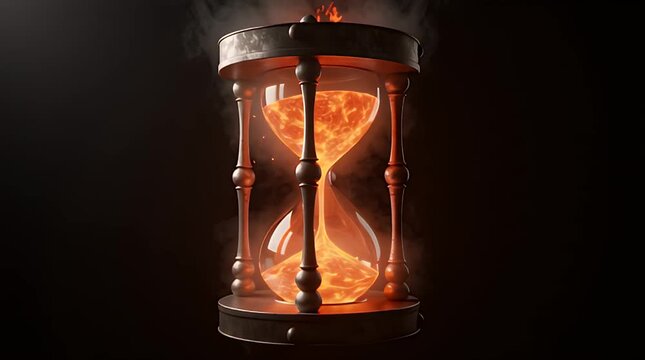 Mystical antique hourglass dramatically glowing with internal fire and smoke symbolizing the relentless passage of time against a dark background of deep shadow