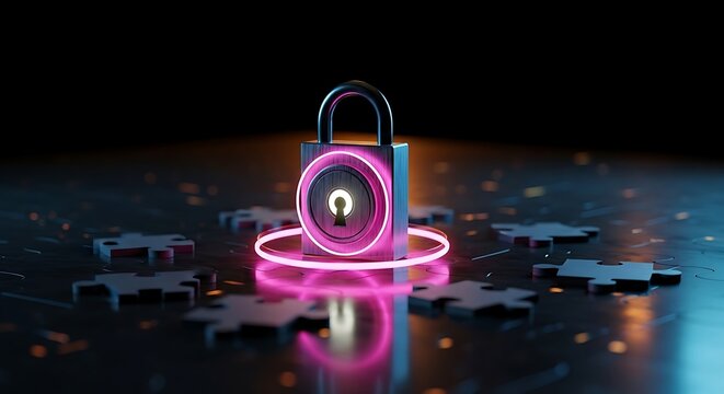 Secure data protection with glowing pink lock and puzzle pieces