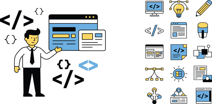 A developer illustrating coding concepts surrounded by programming icons and symbols on a clean white background from a straightforward viewpoint