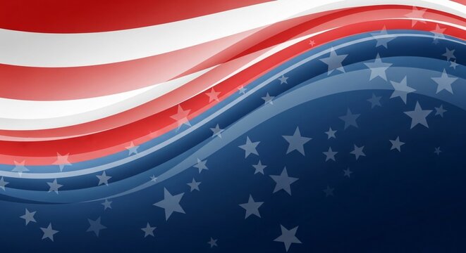 American flag waving in wind with stars and stripes on dark blue sky background
