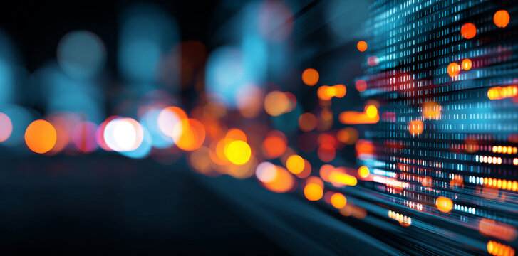 Digital data visualization with glowing binary code and colorful bokeh lights creating futuristic and dynamic technology background