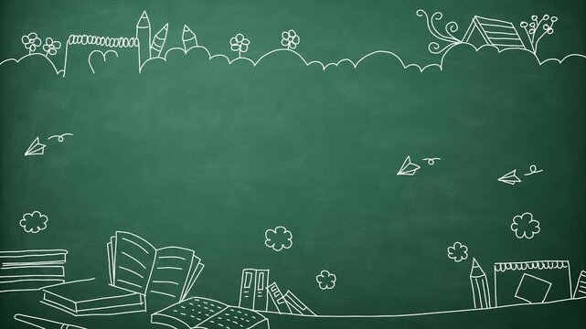 Green Chalkboard Background with School Doodle Border and Copy Space Hand Drawn Animation