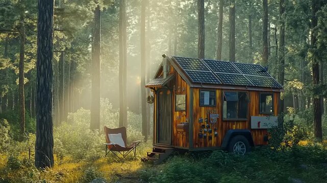 Tiny House in Forest with Morning Light.