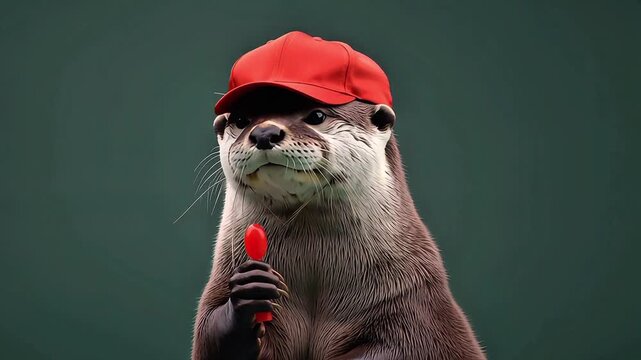 Otter wearing a red cap and holding a red lollipop