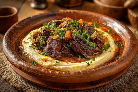 Traditional Turkish h&uuml;nkar beğendi, lamb stew served over creamy smoked eggplant puree, rustic clay plate