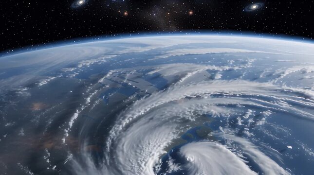 Satellite view captures a massive swirling hurricane system dominating the atmosphere above a portion of the planet earth contrasted against the blackness of space and distant galaxies.