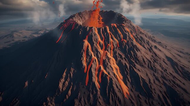 Majestic stratovolcano erupts dramatically sending glowing molten lava streams down its rugged dark slopes under a stormy sky