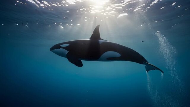 Orca Killer Whale Swimming Gracefully Underwater Sunlight Rays.