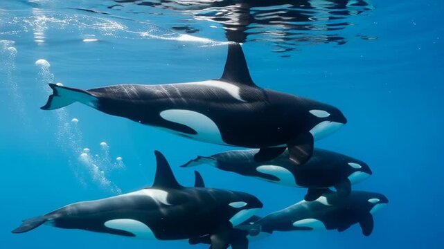 Orca Pod Swimming Together Underwater Ocean Marine Life.