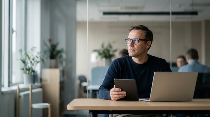 Obraz premium Businessperson Planning and Project Review on Laptop and Tablet in a Modern Office Workspace with businessperson, thinking, solution, signs, review