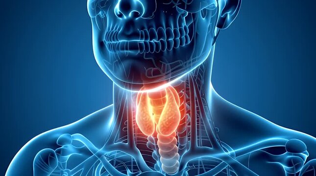 Medical illustration highlighting the anatomy of the human thyroid gland located in the neck area showing its distinct butterfly shape within the translucent anatomical with a dark blue background.