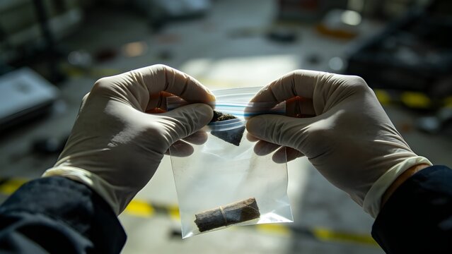 First person point of view of a forensic investigator collecting evidence with gloved hands at a crime scene, focusing on professional investigation procedure.