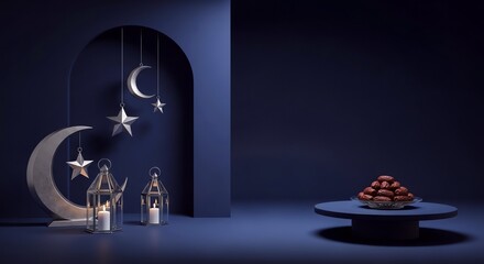 Ramadan Kareem Concept with Dates Moon Stars and Lit Lanterns