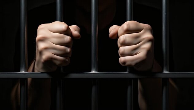 Two tightly clenched human fists gripping the cold metal vertical and horizontal bars of a dark prison cell illustrating confinement and judicial consequence.