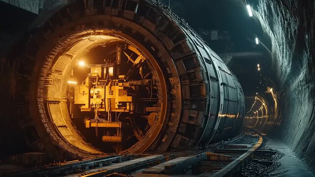 Underground Tunnel Construction with Machinery Inside.