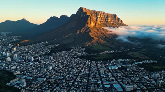 Table mountain sunset over cape town city center with aerial view of urban architecture and mountain landscape in south africa