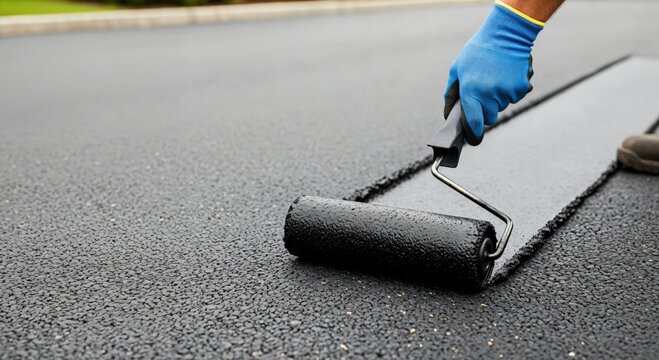 Close up of a person applying black asphalt sealer to a home driveway using a paint roller.