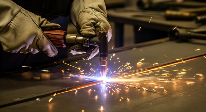 Male technician using plasma torch for precision industrial metal fabrication in workshop