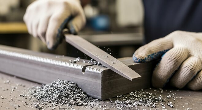 Close up of a craftsman in gloves using a hand file for precision metal deburring and finishing