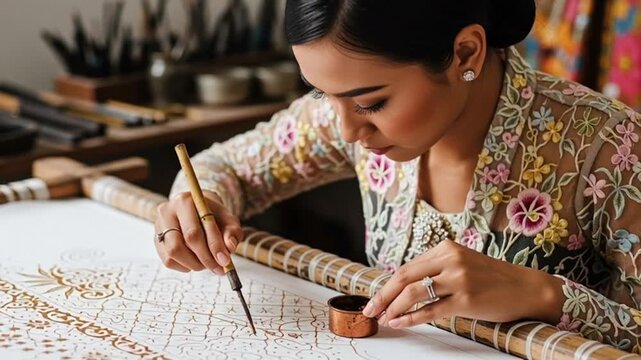 Skilled artisan meticulously crafts intricate batik patterns on fabric with precision.