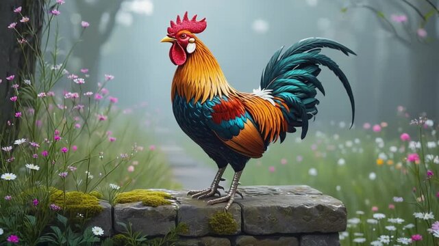 Vibrant rooster standing proudly on stone wall in lush garden
