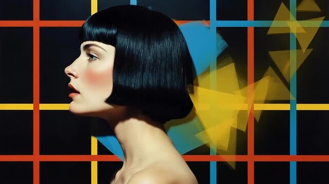 Side profile portrait of a woman with a blunt bob haircut against a geometric background