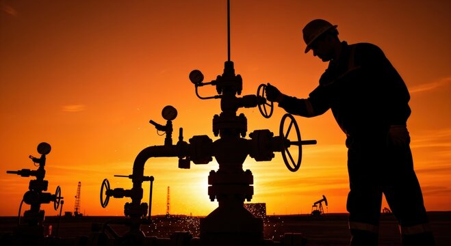 Silhouette of a male petroleum engineer adjusting a wellhead valve at sunset in a shale oil field