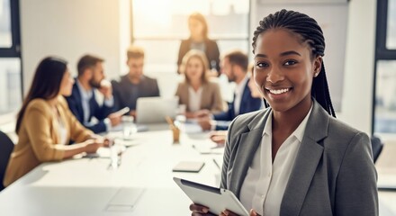 Obraz premium Confident Young Black Female Executive Holding Tablet During Corporate Strategy Meeting in Modern Office