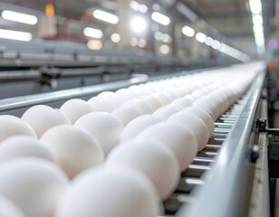 Obraz premium Fresh white eggs on conveyor belt in modern poultry farm facility ready for packaging and distribution to grocery stores and markets.