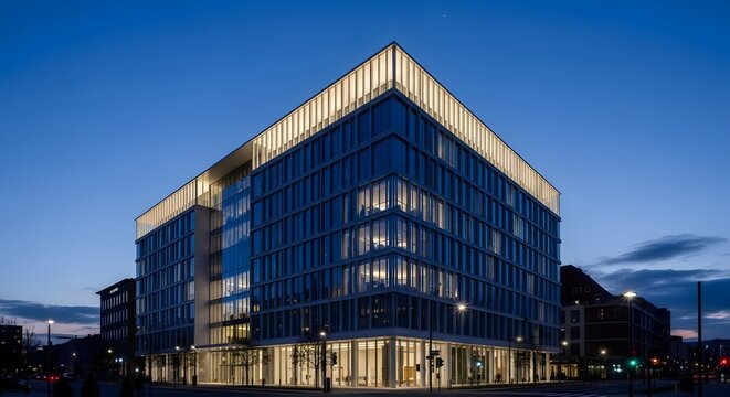 A modern glass building lit up at dusk in an urban setting